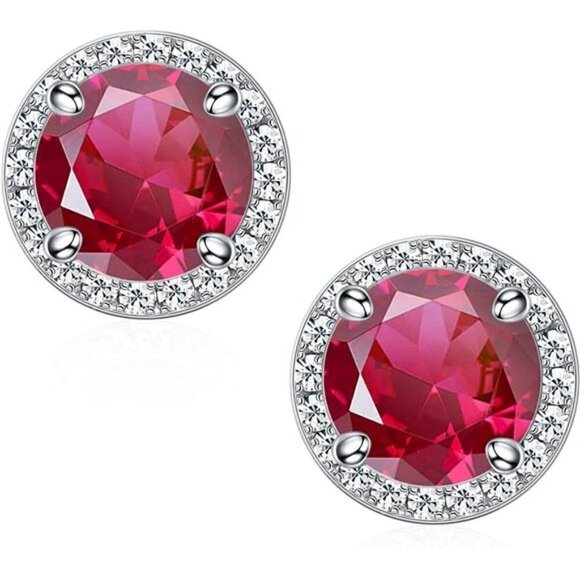 July 18k White Gold Ruby Birthstone Diamond Halo Stud Earrings S925 Gem Gift - Picture 1 of 5